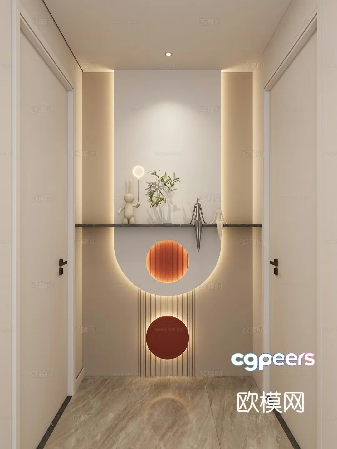 Cream Simple Style Arc Lighting Grille Corridor End View Entrance Entrance 3D Model