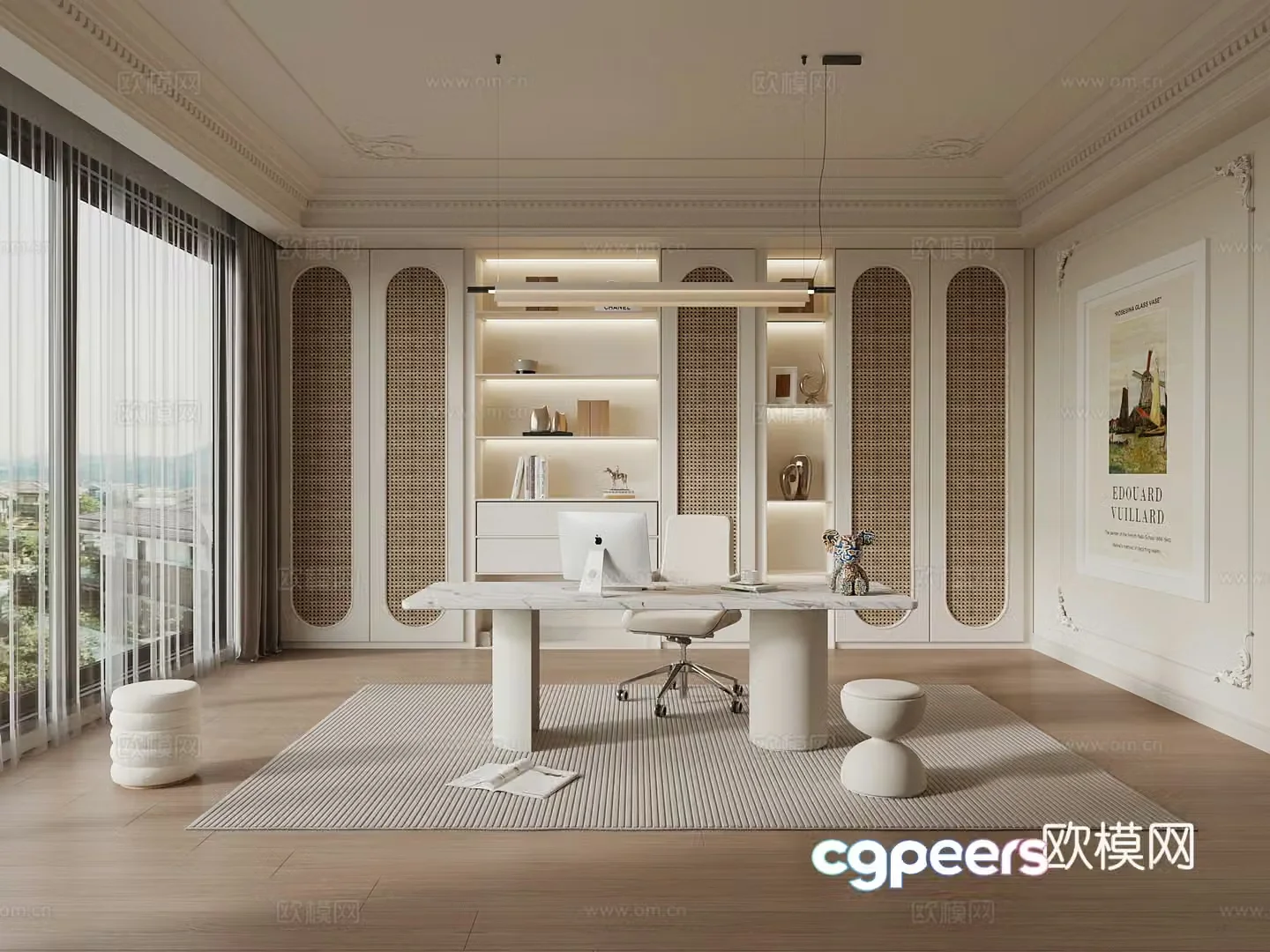 French Creamy Study Room Desk and Chair Bookcase 3D Model