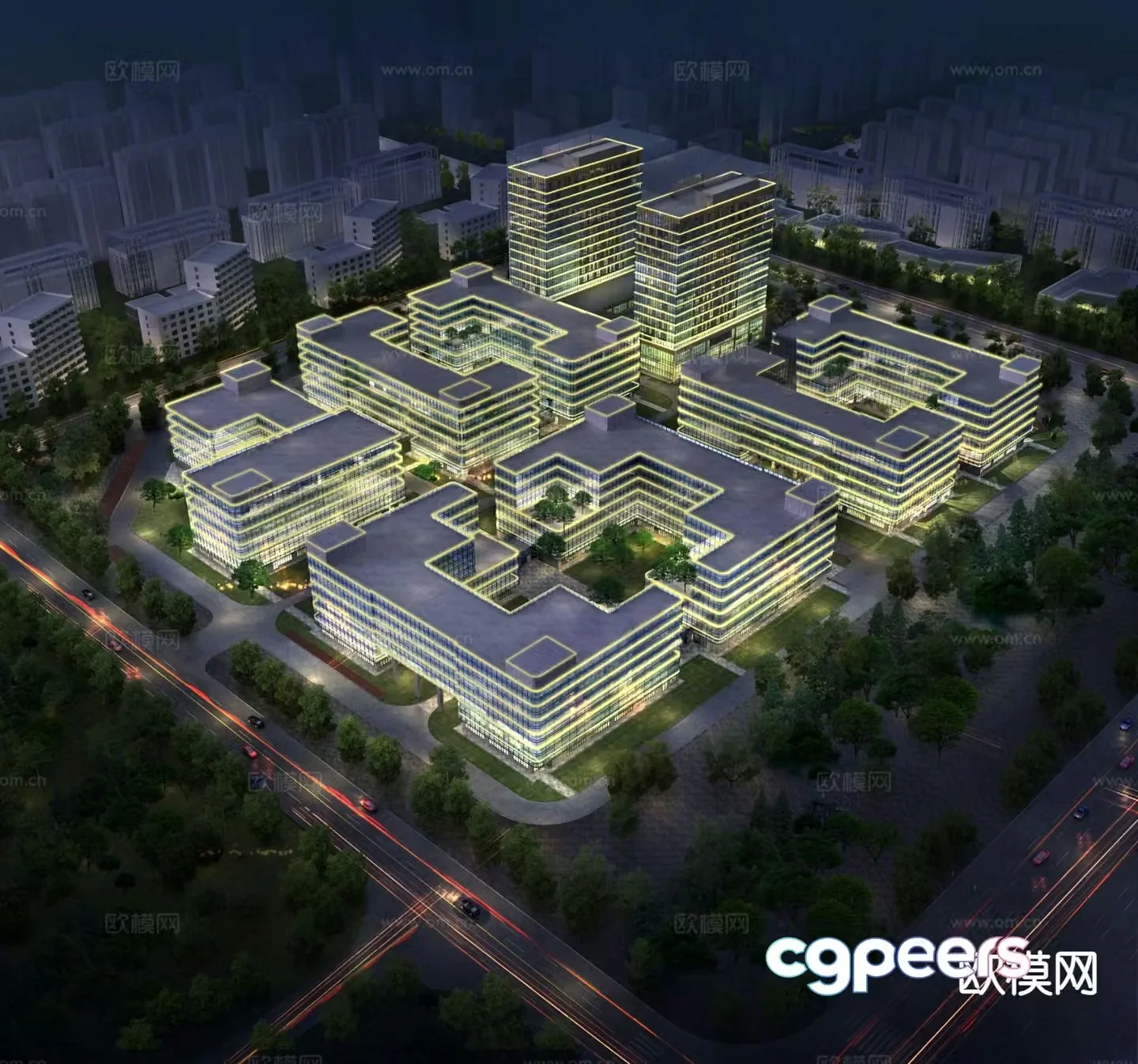 Aerial view of modern office building at night 3d model