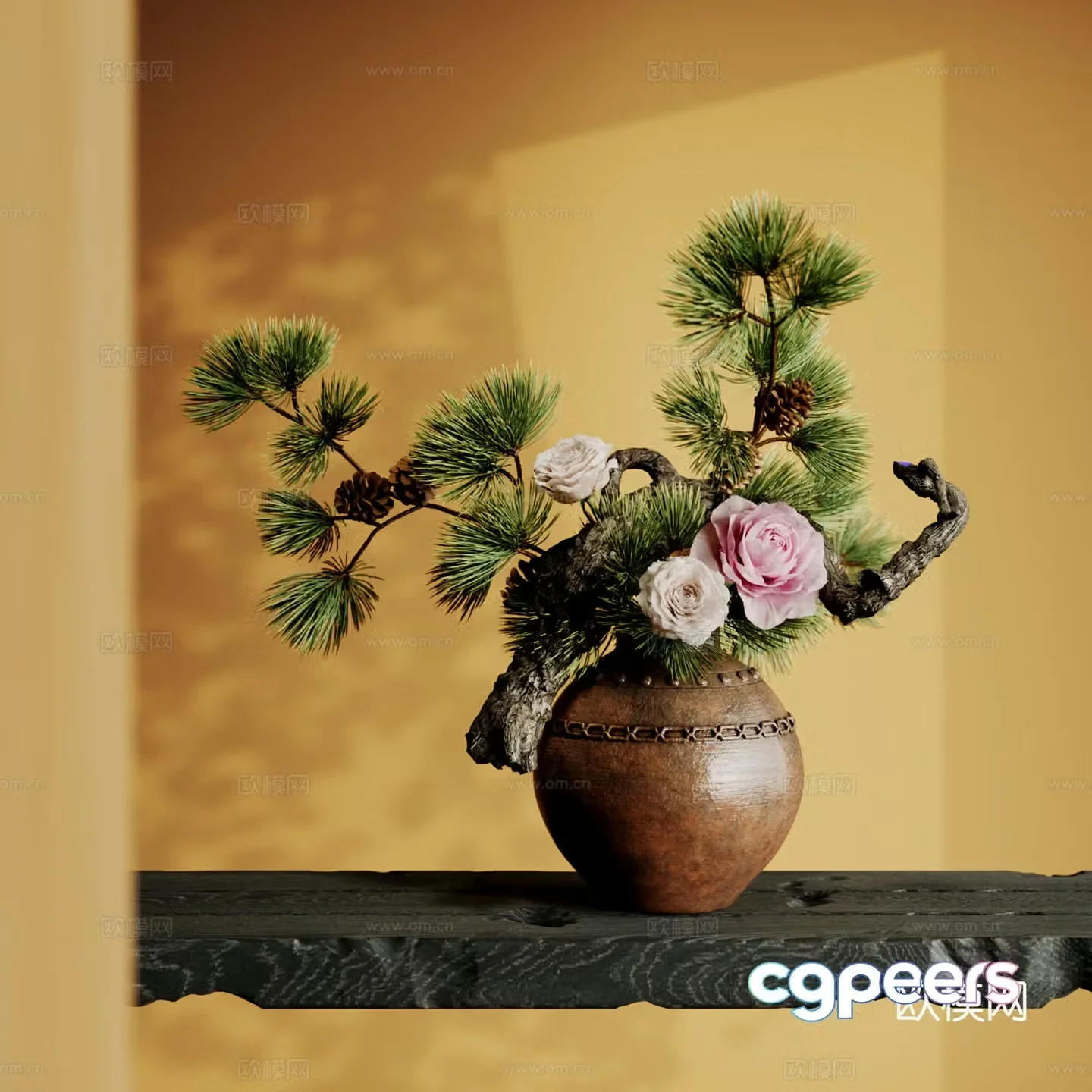 New Chinese style floral ornaments Song’s aesthetics Art flower arrangement Bonsai potted plants Flower arrangement Coffee jar 3D model