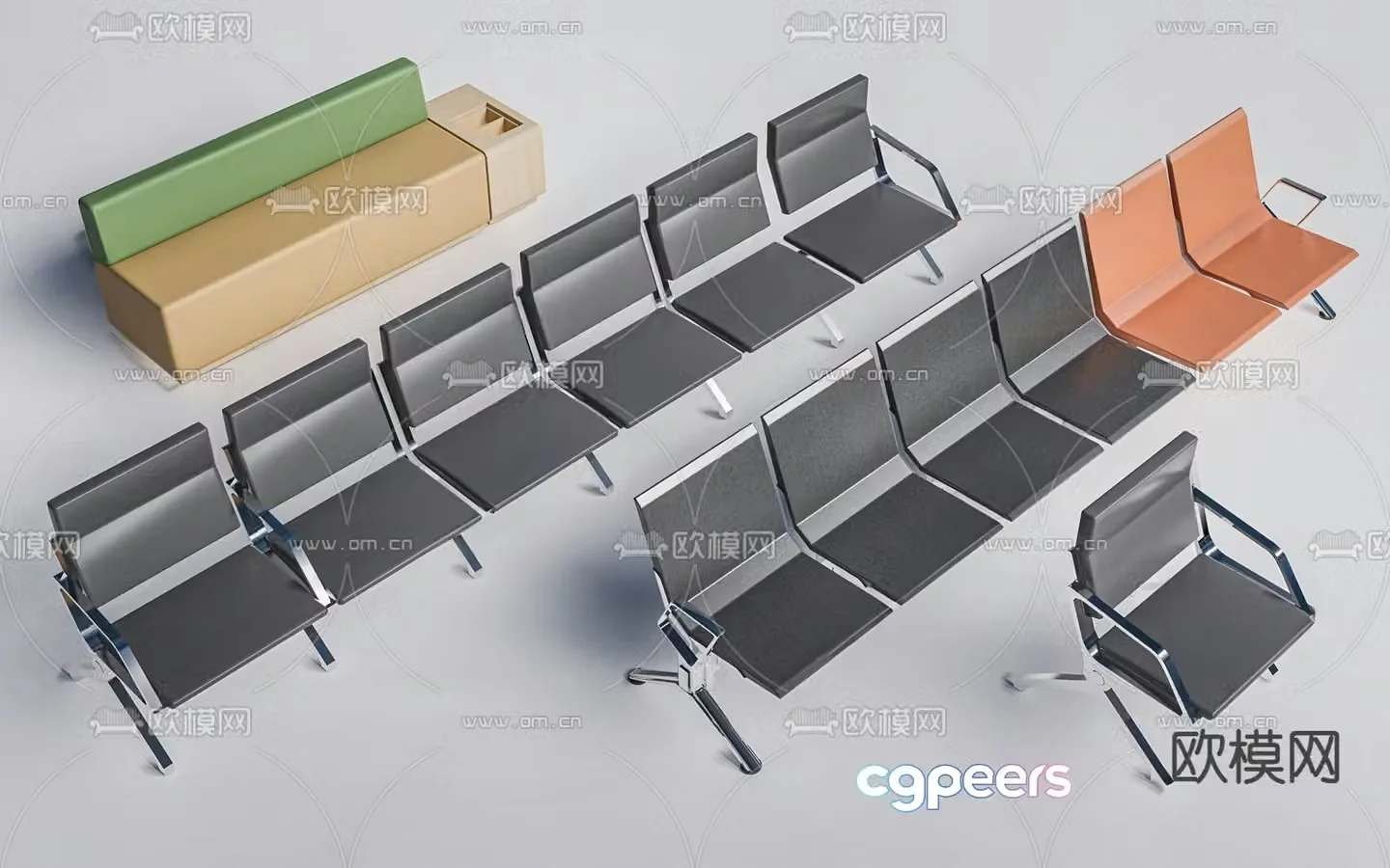 Public benches lobby lounge chairs lobby row chairs waiting chairs 3D model