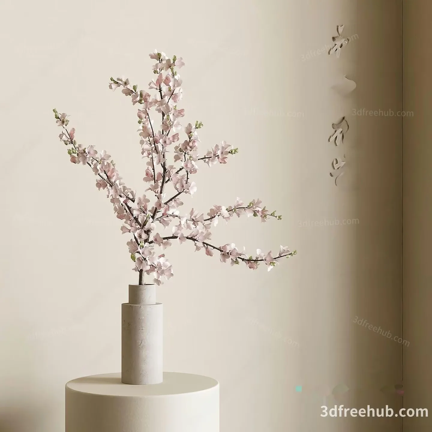 A White Vase With A Branch Of Flowers 3D Model – 22928 – VRAY Render