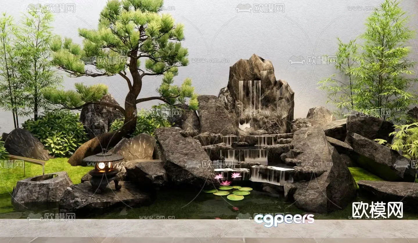 Chinese rockery waterscape stacked stones falling water landscape 3D model