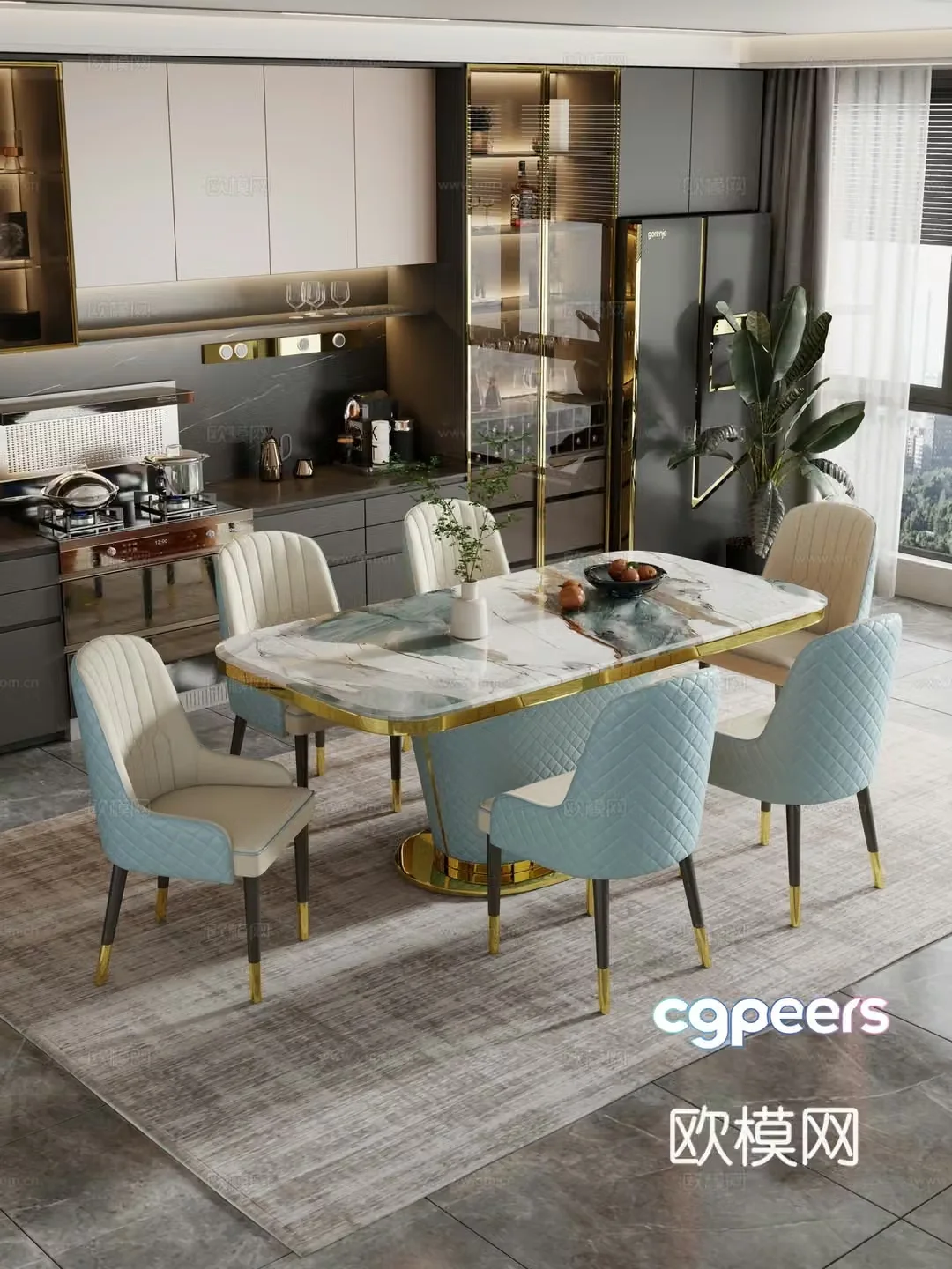 Restaurant Dining table and chair combination Rock table hanging paintings Decoration 3D model