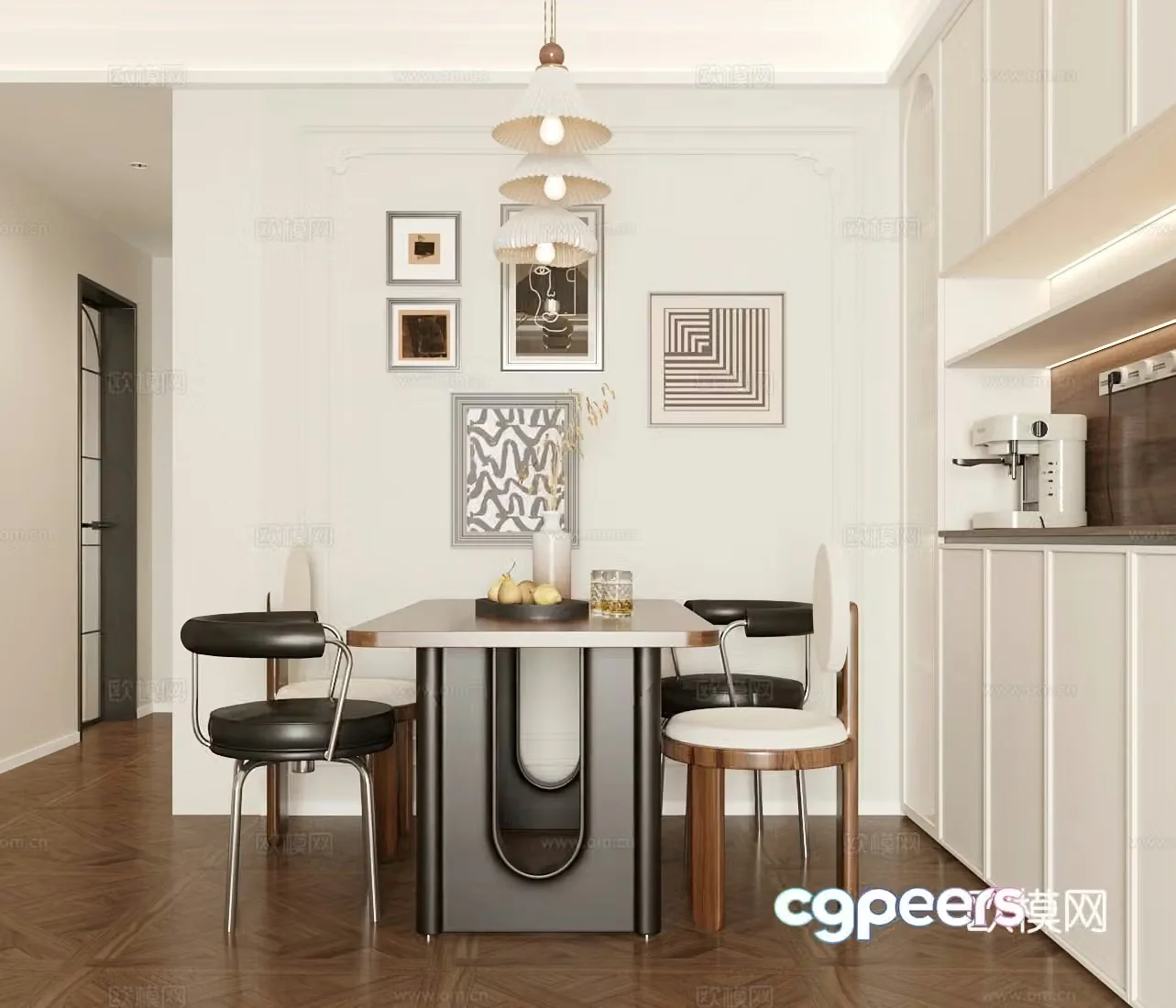 Middle-aged home restaurant dining table and chair combination sideboard 3D model