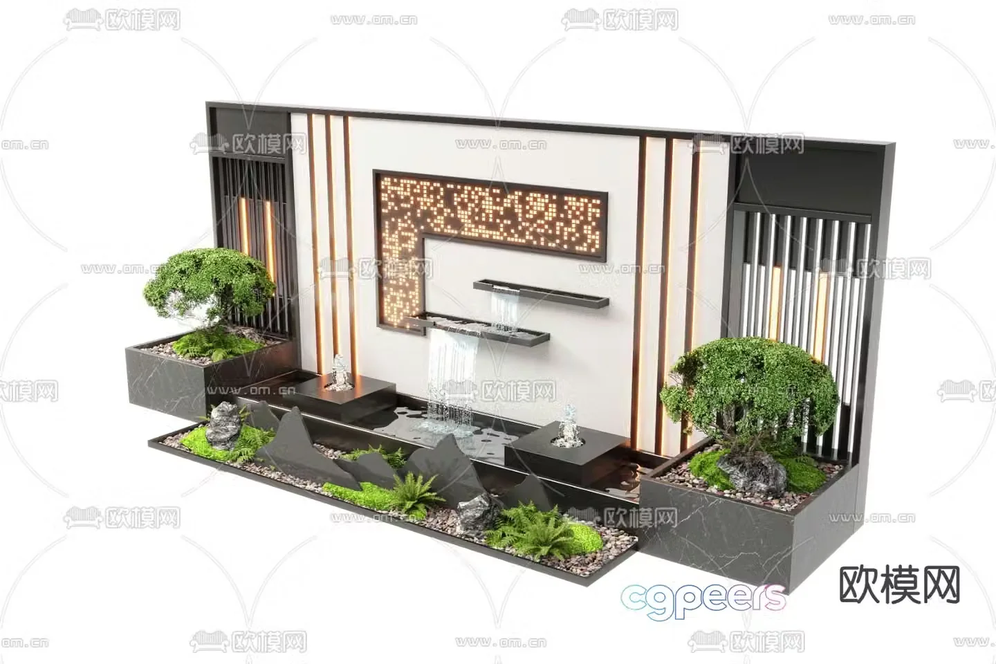 New Chinese style water feature wall fountain waterfall plunge pool sketch 3D model