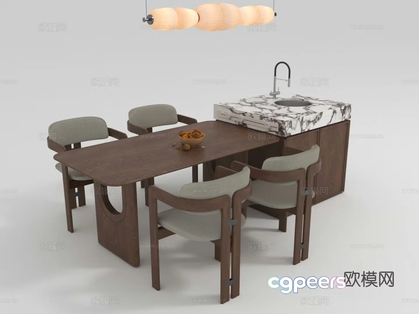 Medium style island dining table and chair combination 3D model