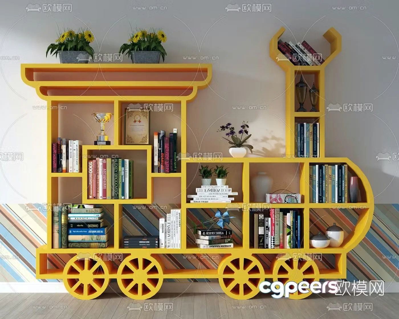 Modern train-shaped children’s bookcase 3D model