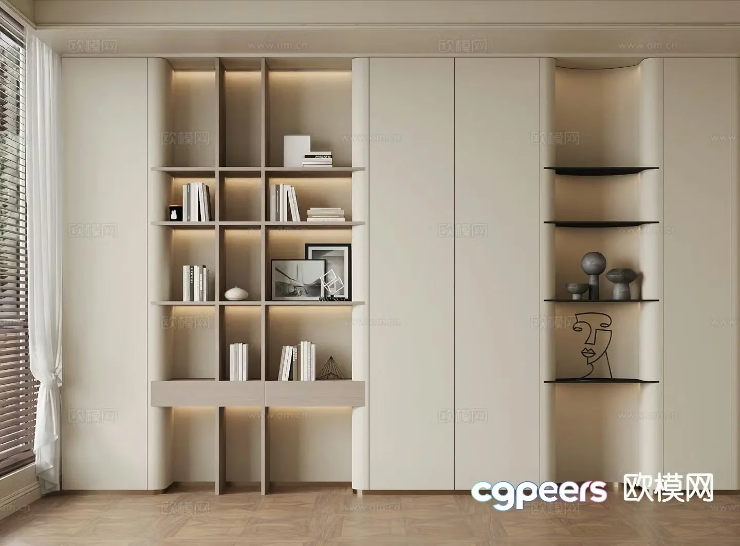 Cream style bookcase display cabinet 3d model