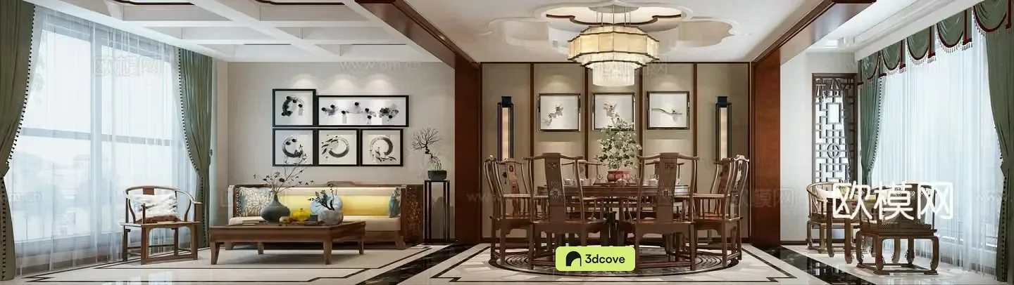 Chinese style living and dining room chandeliers decorative paintings curtains