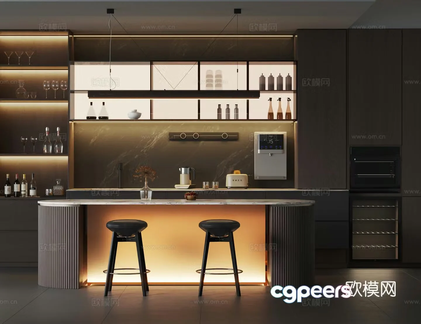 Modern minimalist middle island restaurant Italian open middle island kitchen 3D model