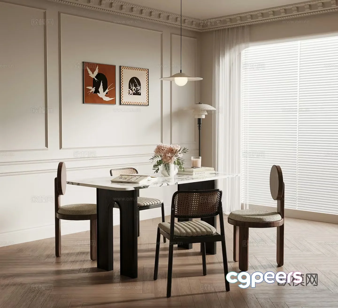 French cream style restaurant dining table and chair combination 3D model