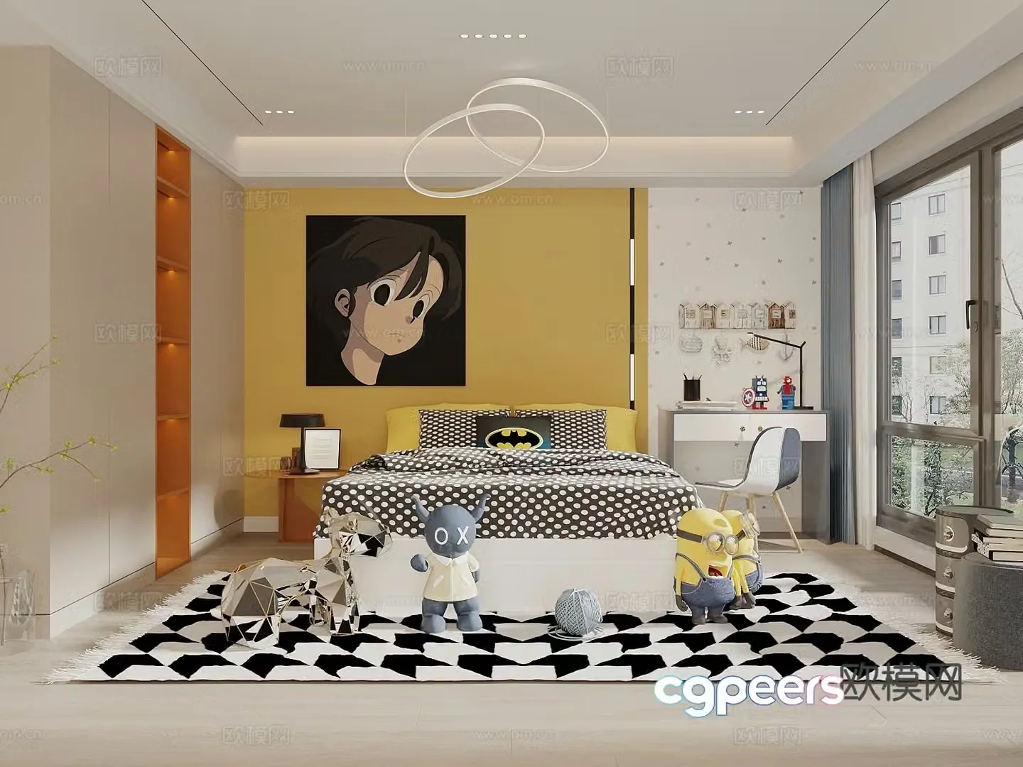 Modern boys and children’s room children’s bed study table and chair combination wardrobe chandeliers paintings toys 3d model