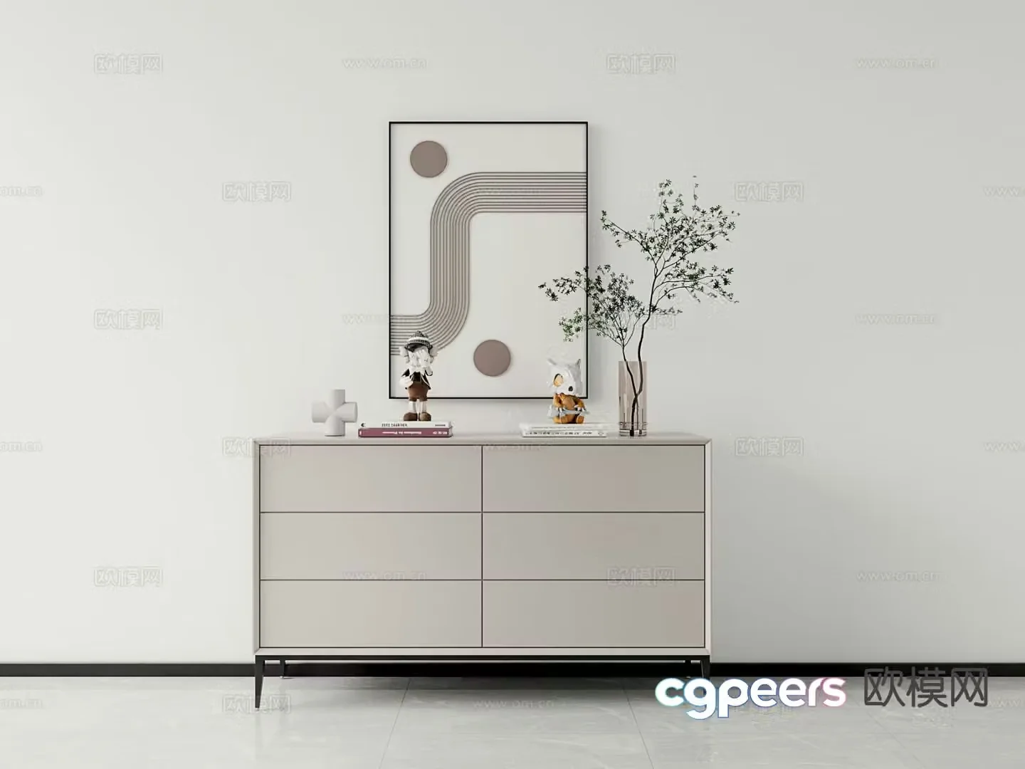 Modern legged beige lacquered wood side cabinet 3d model