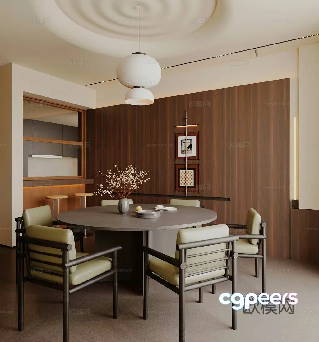 Middle style home restaurant round table restaurant open restaurant restaurant kitchen retro style restaurant 3d model
