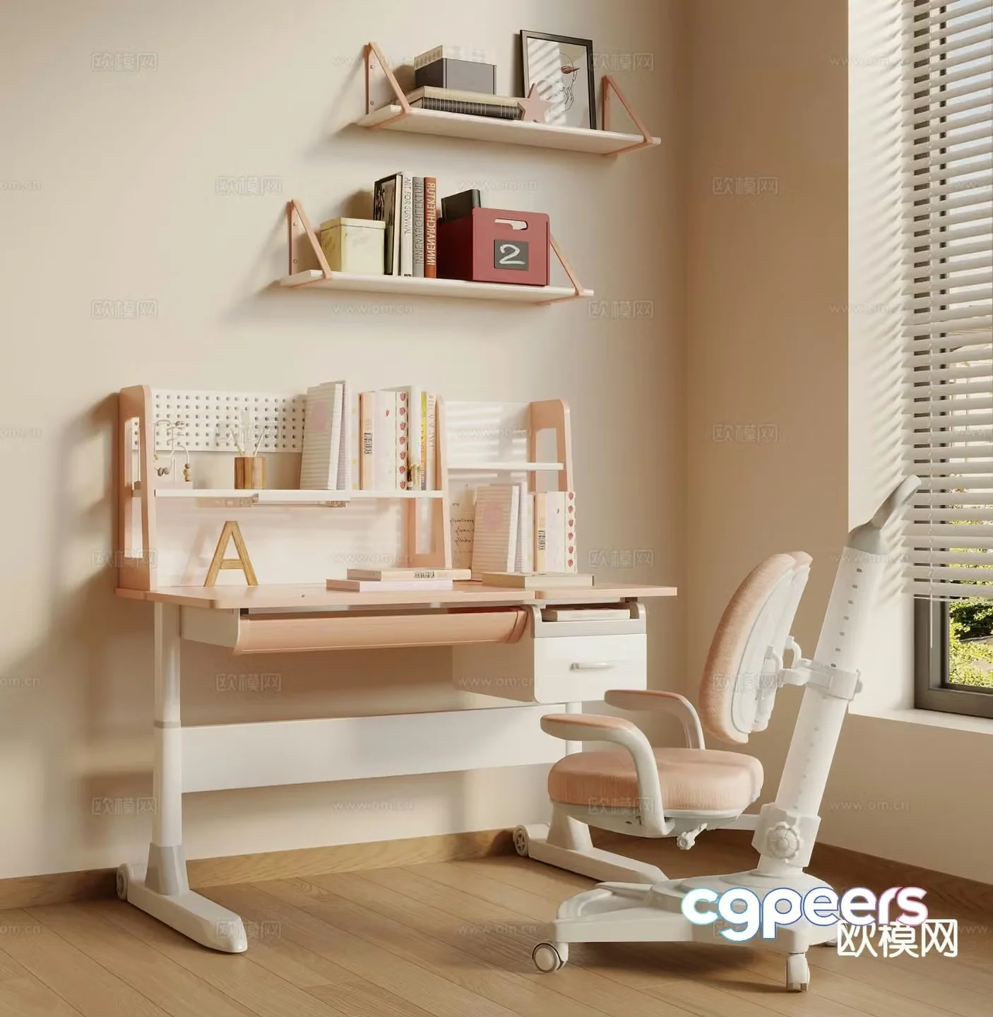 Modern children’s study table desk chair writing desk 3d model
