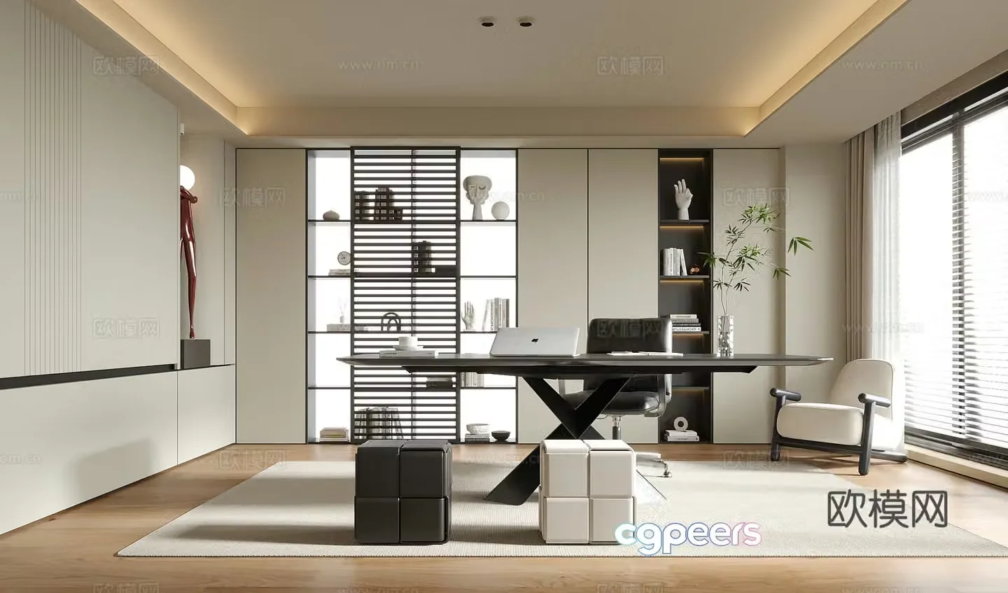 Modern study desk and chair bookcase 3d model