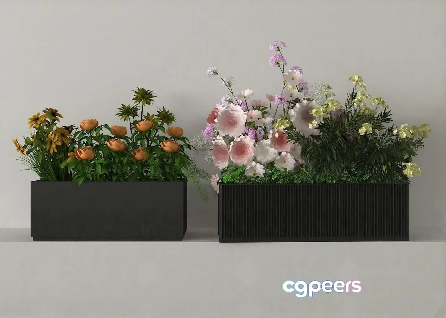 Two Rectangular Planters With Flowers 3D Model – 10592 – VRAY Render