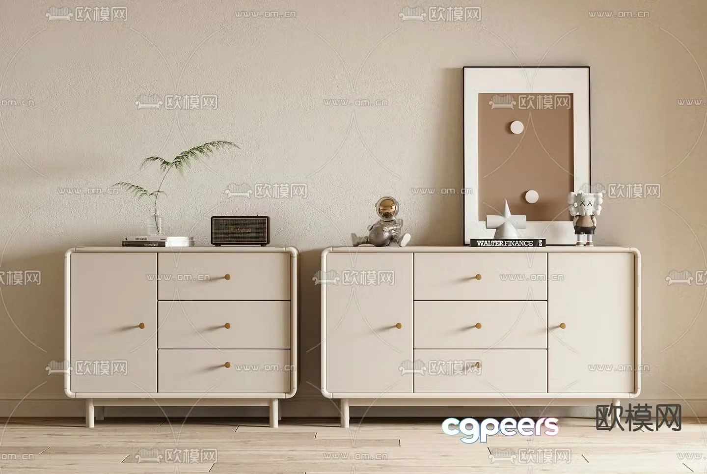 Cream style chest of drawers side cabinet 3d model