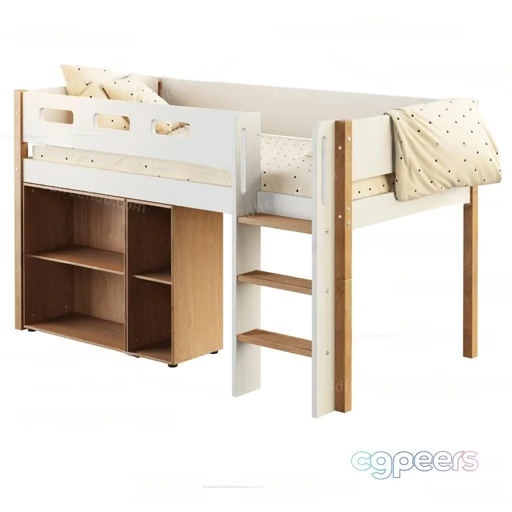 A White And Brown Wooden Bed 3D Model – 19946 – VRAY Render