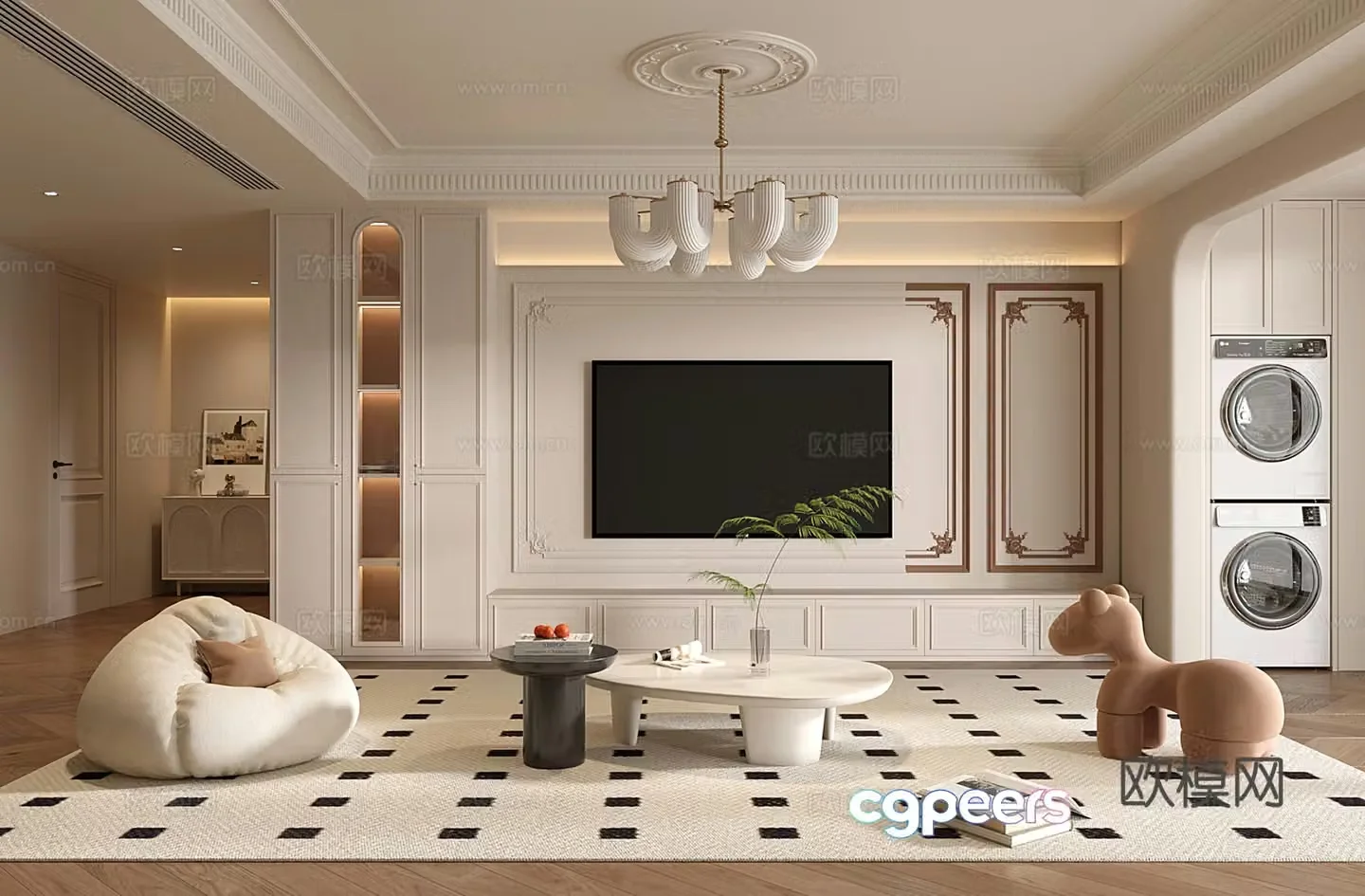 French cream home living room TV background wall cabinet lazy sofa chandelier 3d model