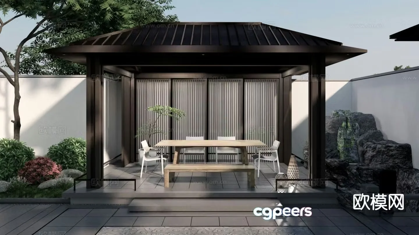 New Chinese style courtyard landscape pavilion rockery overlapping water 3D model