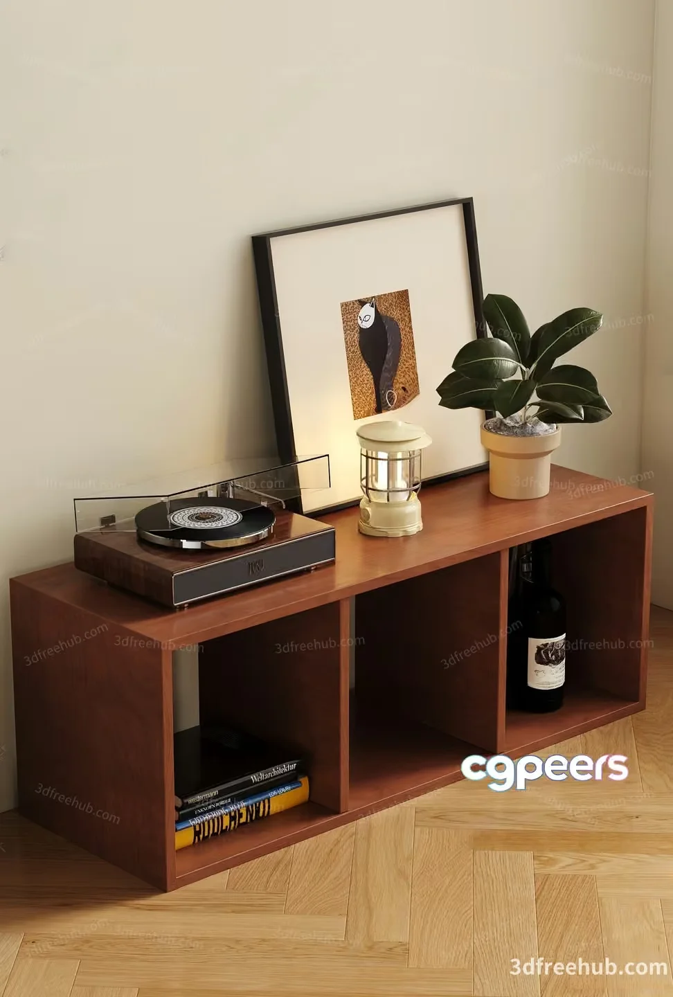 A Wooden Shelf With A Record Player 3D Model – 20848 – VRAY Render