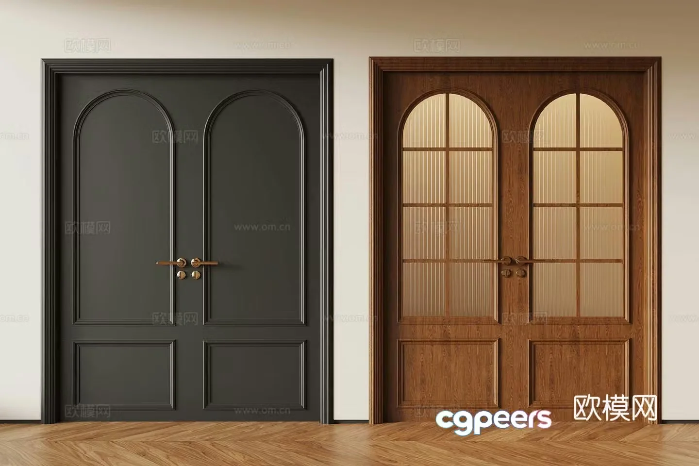 French medieval double-opening door retro wooden door glass double-opening door 3D model