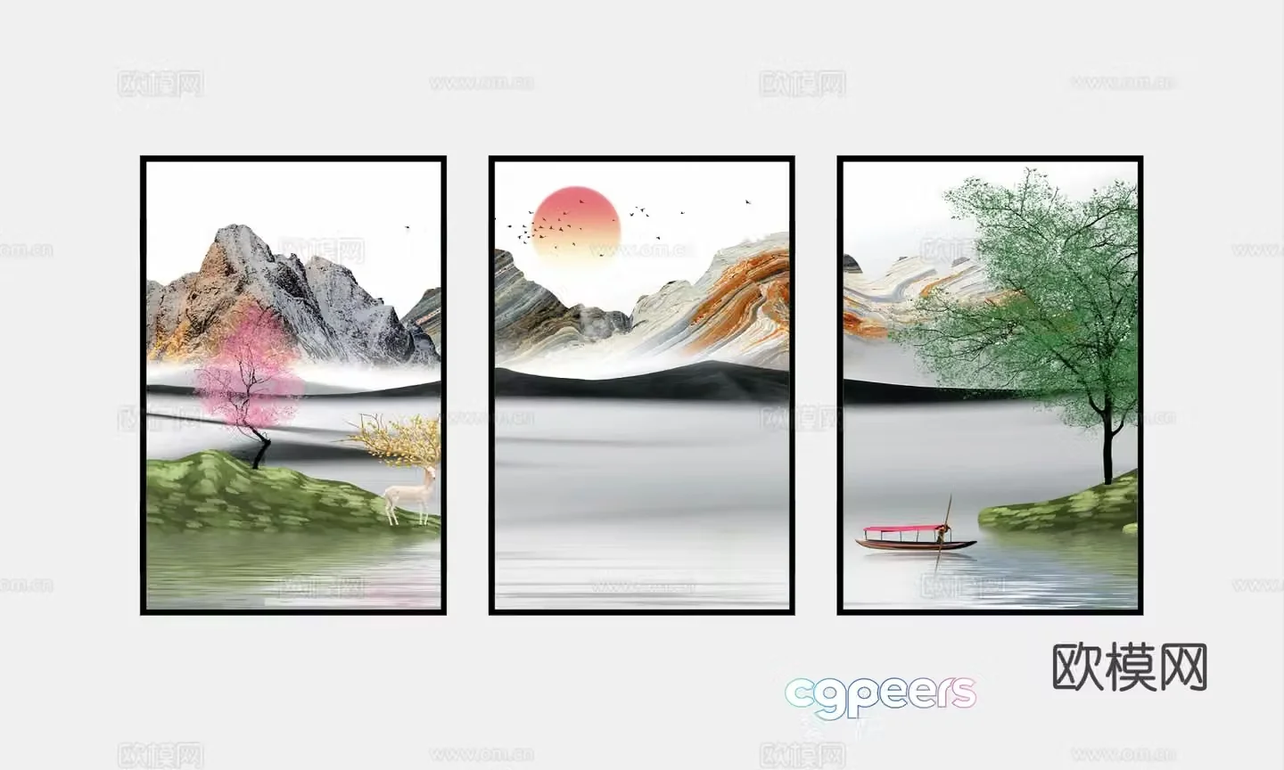 New Chinese style decorative painting landscape painting hanging painting 3D model