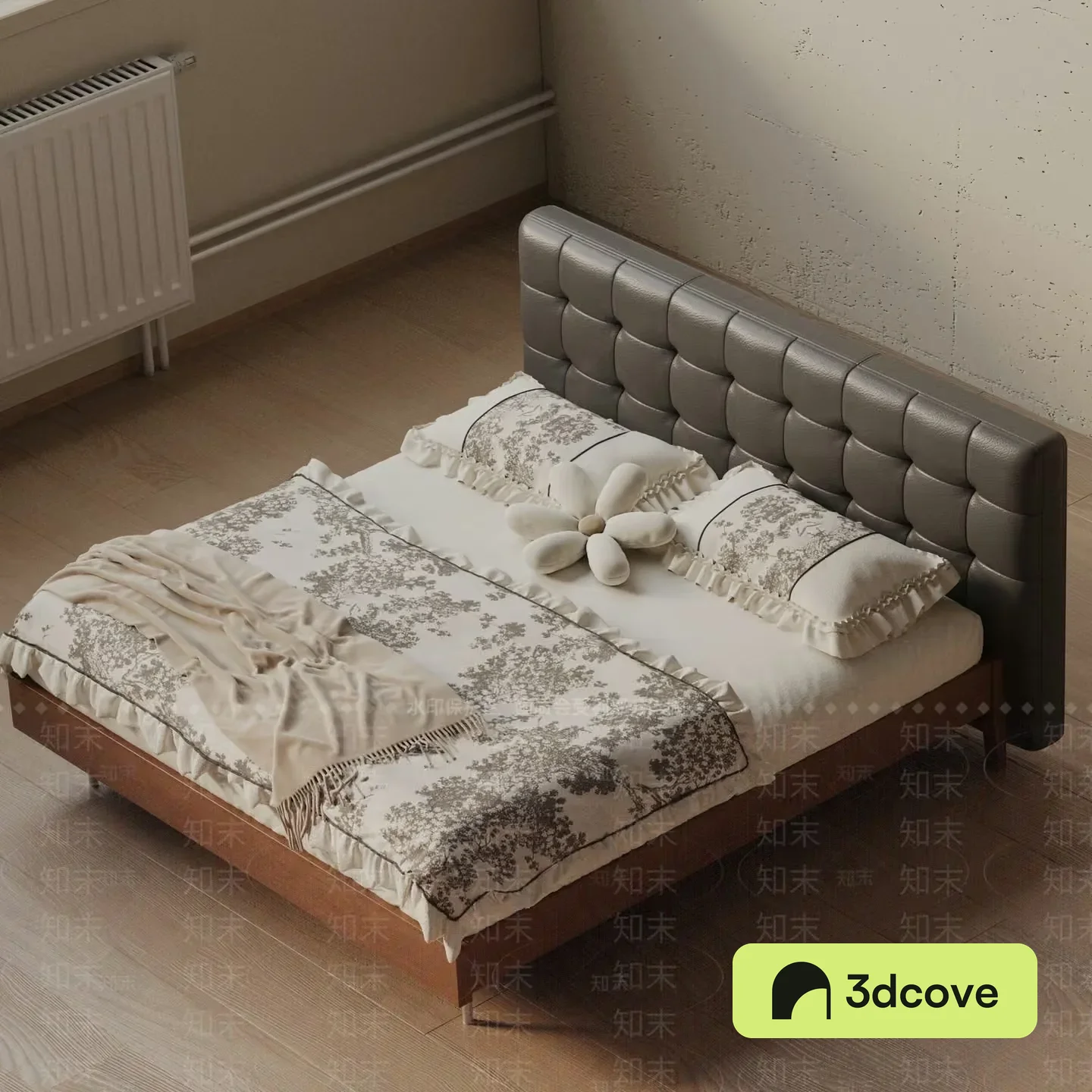 A Bed With A Gray Headboard