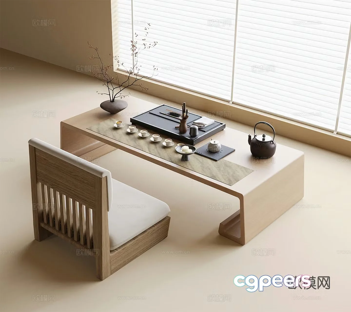Modern balcony tea table and chairs small tea table tea set ornaments 3D model