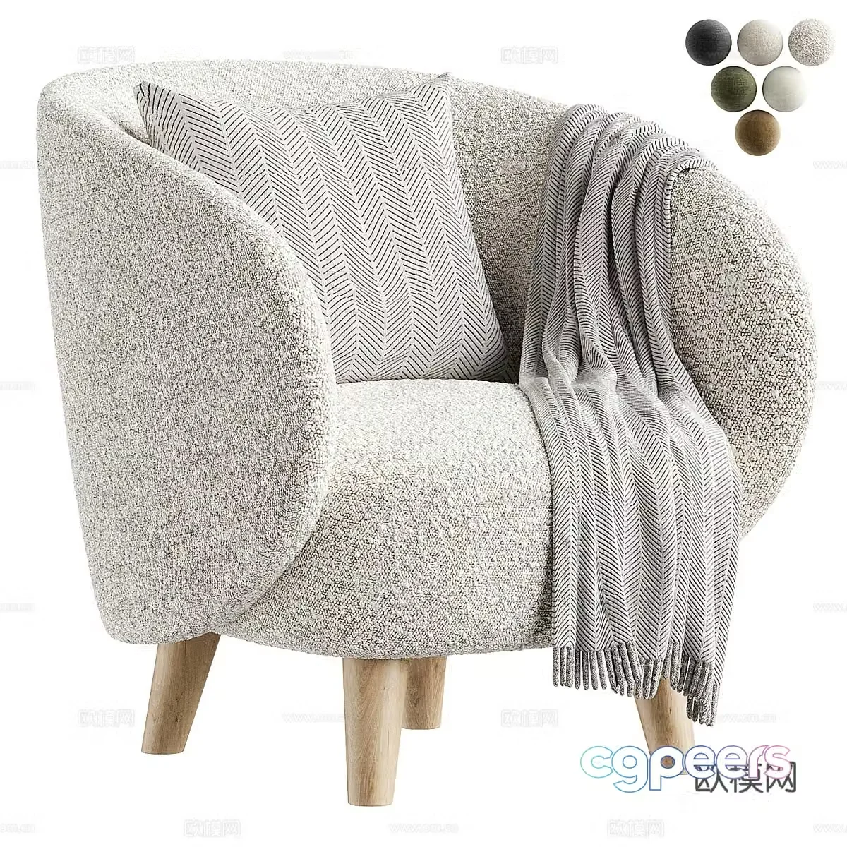 Modern Nordic Cream Style Fabric Armchair 3D Model