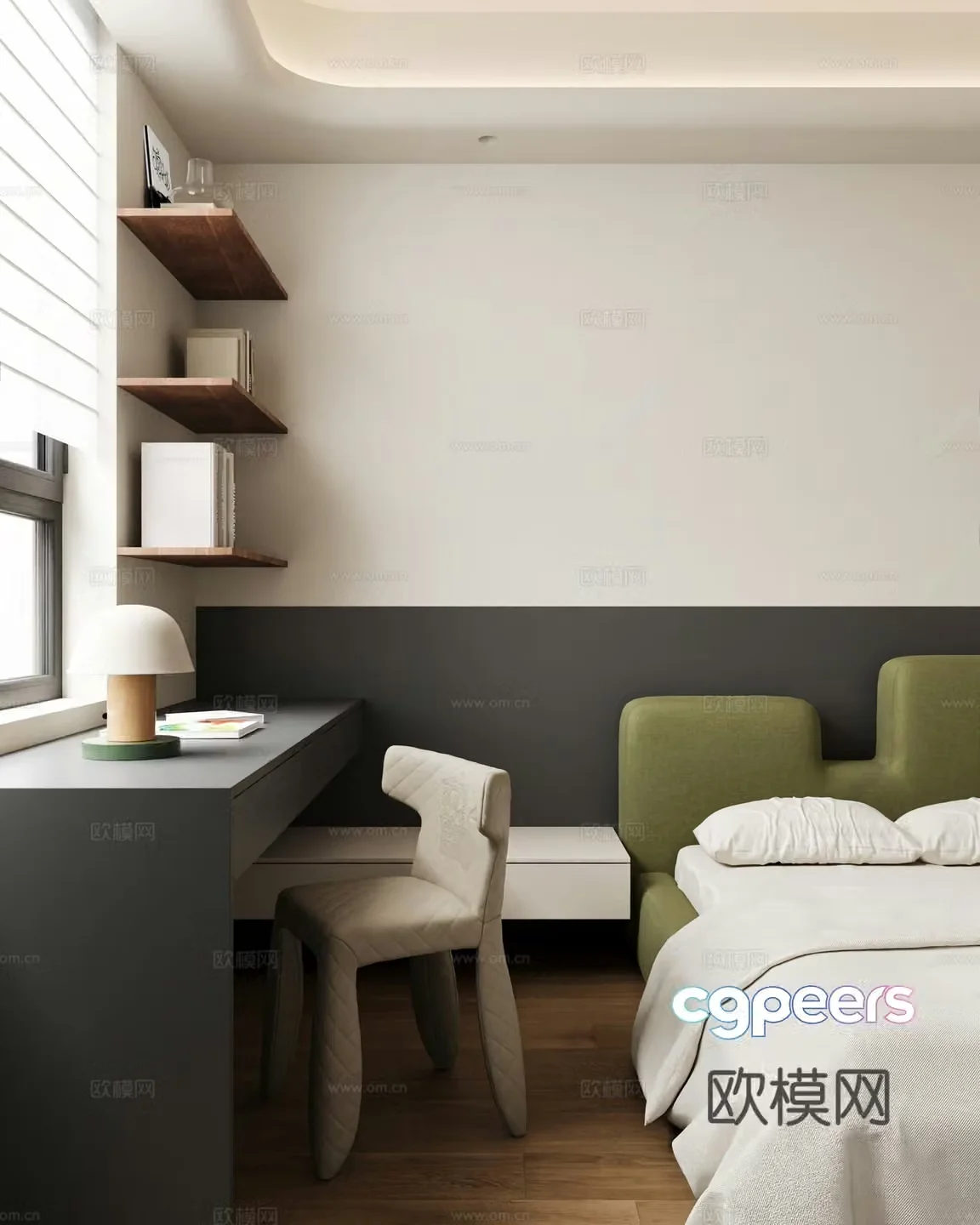 Modern boy’s bedroom single bed desk chair hanging painting decorative cabinet 3d model
