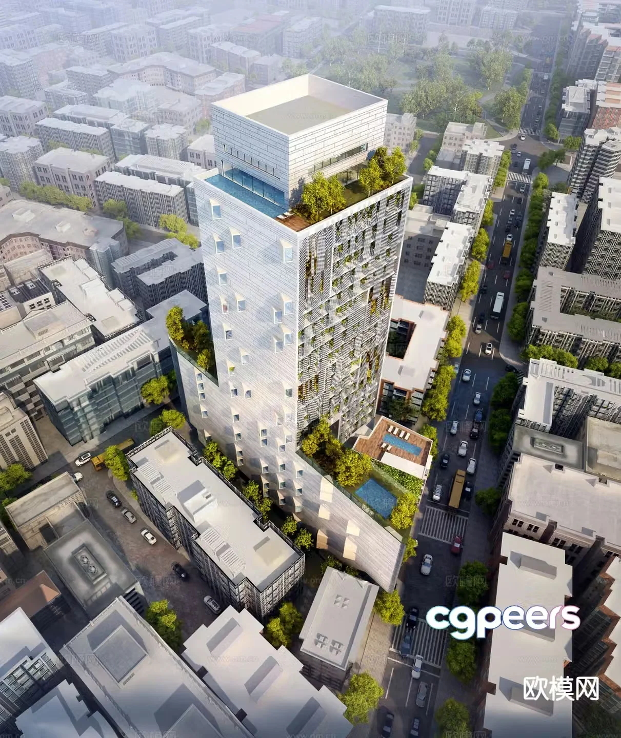 Aerial view 3d model of high-rise office building