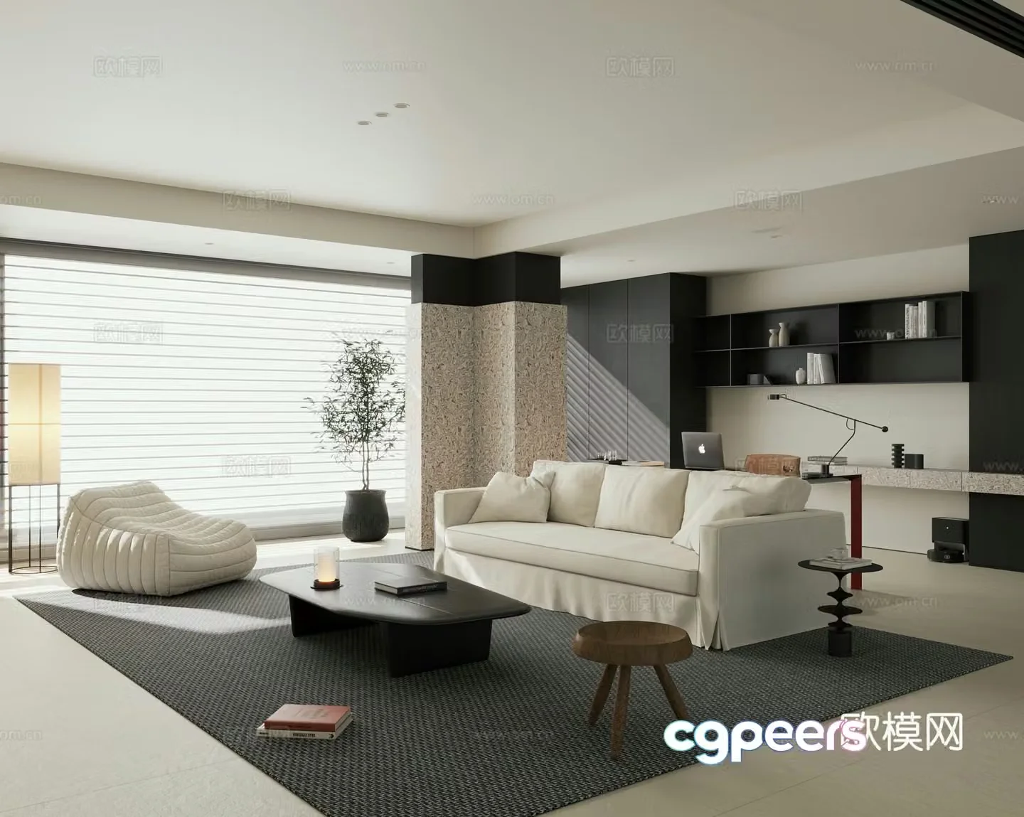 Modern minimalist living room black and white living room horizontal hall large flat floor integrated 3D model of living room and study