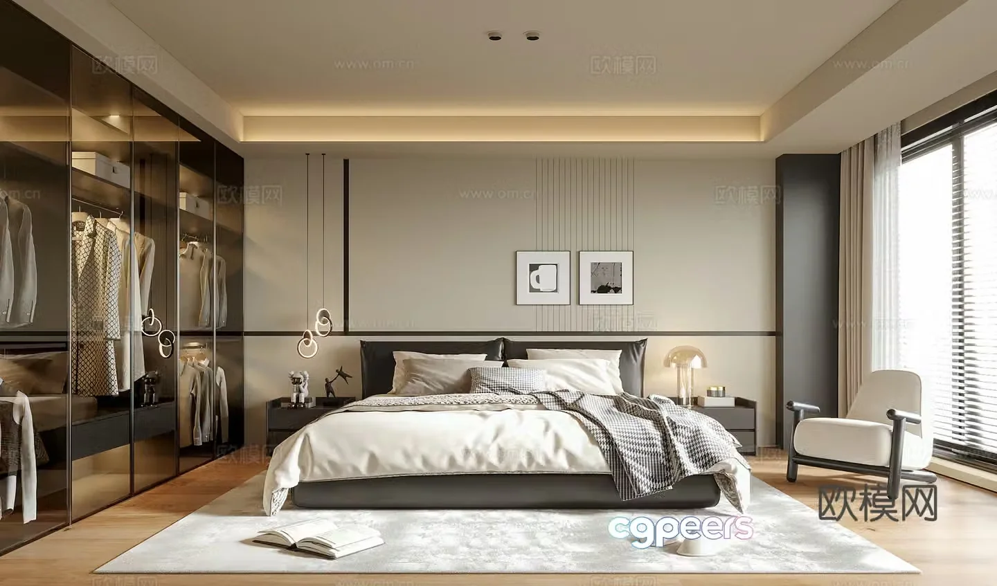 Modern bedroom bedroom without owner lights double bed nightstand 3d model