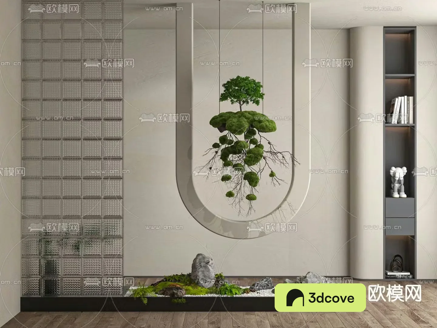 Entrance partition glass brick screen plant pile