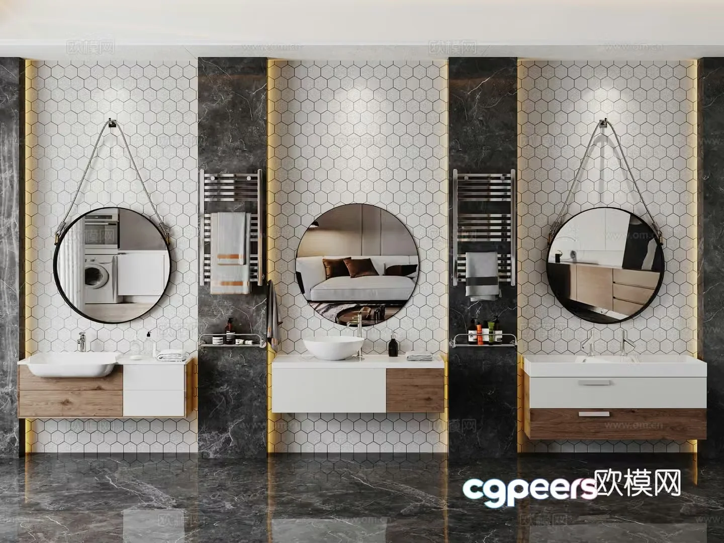 Modern bathroom sink washbasin round mirror towel faucet toiletries 3d model