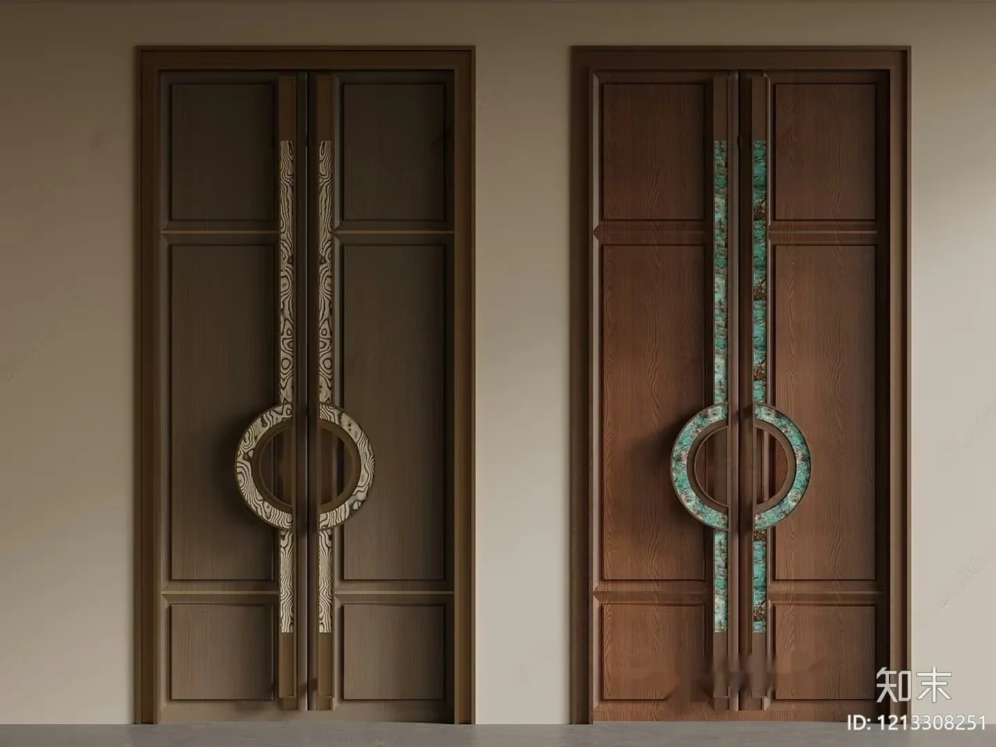 Two Wooden Doors With Decorative Handles 3D Model – 7585 – VRAY Render