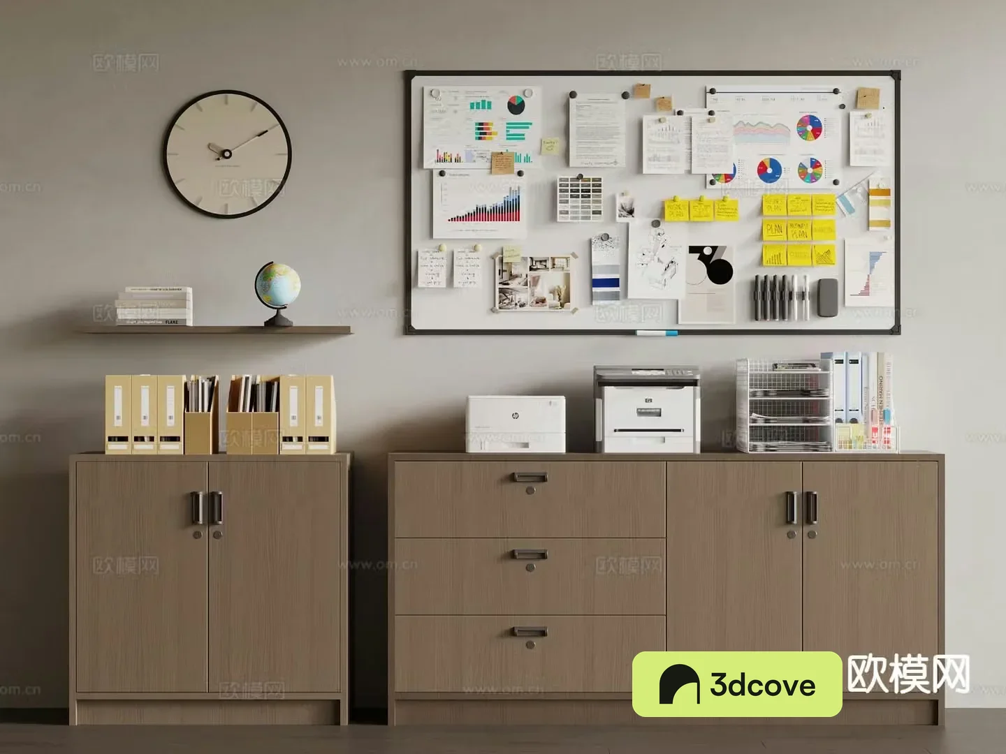 Office supplies file cabinet note wall