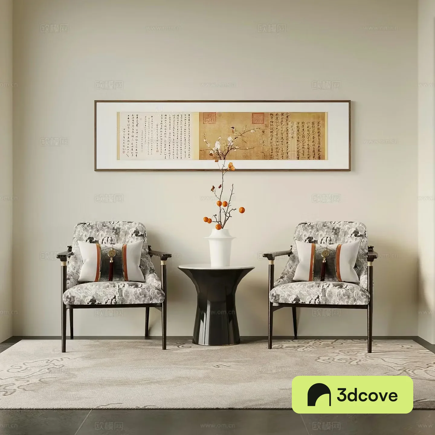 New Chinese style single chair single sofa side table decorative painting