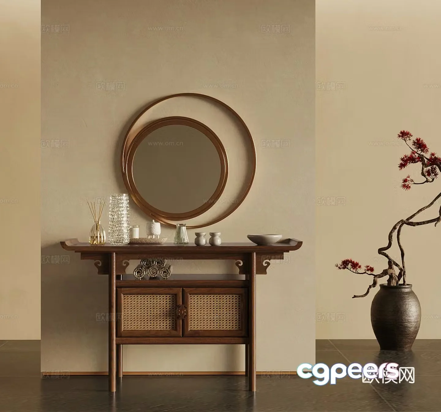 01 New Chinese-style solid wood end viewing platform Green plant 3D model