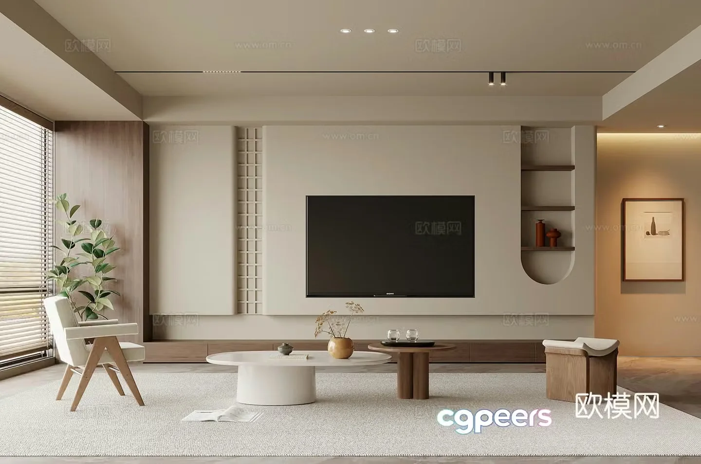 Middle style living room TV background wall sofa coffee table combination 3D model