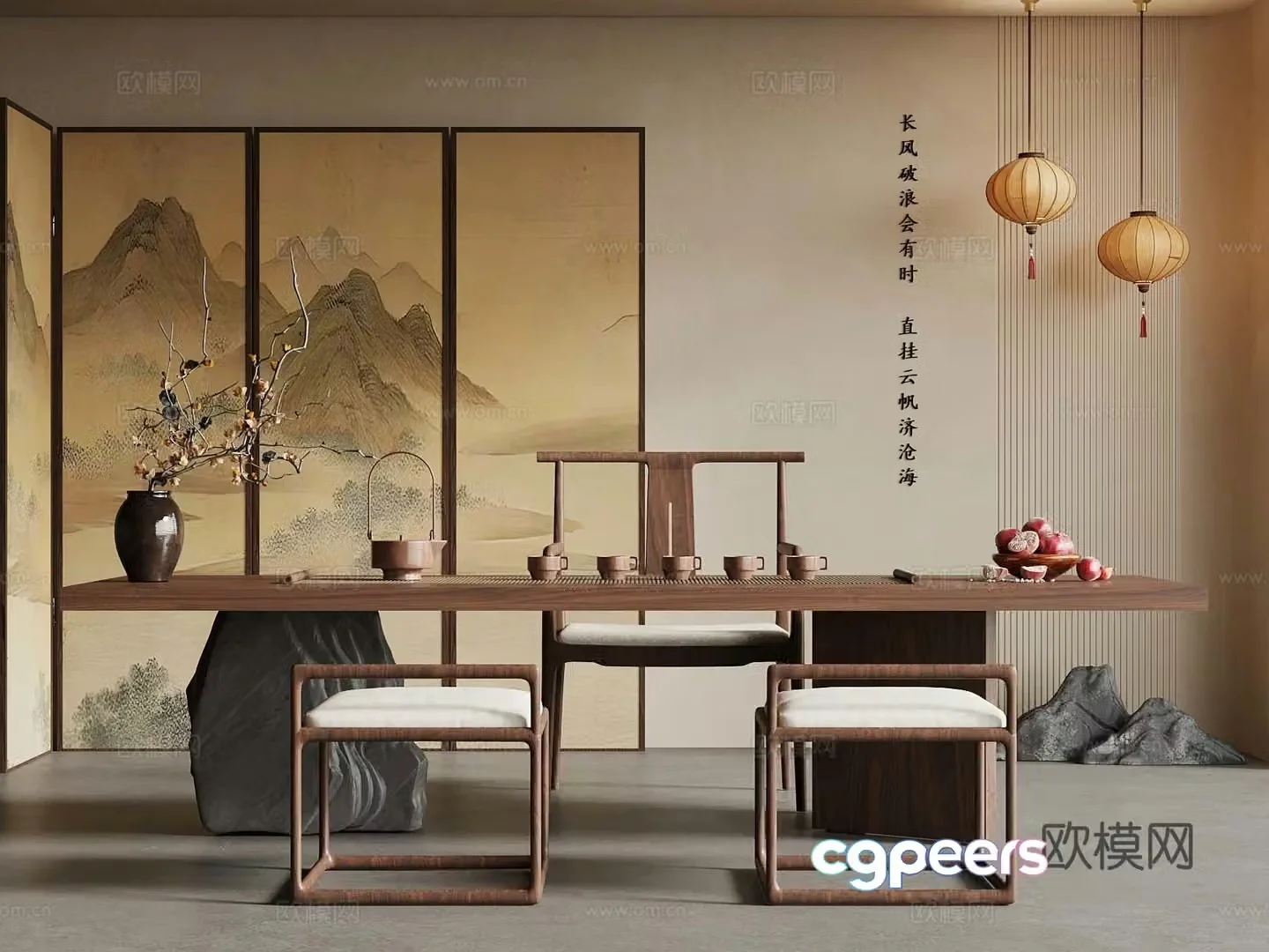 New Chinese-style tea table and chair screen lantern 3d model