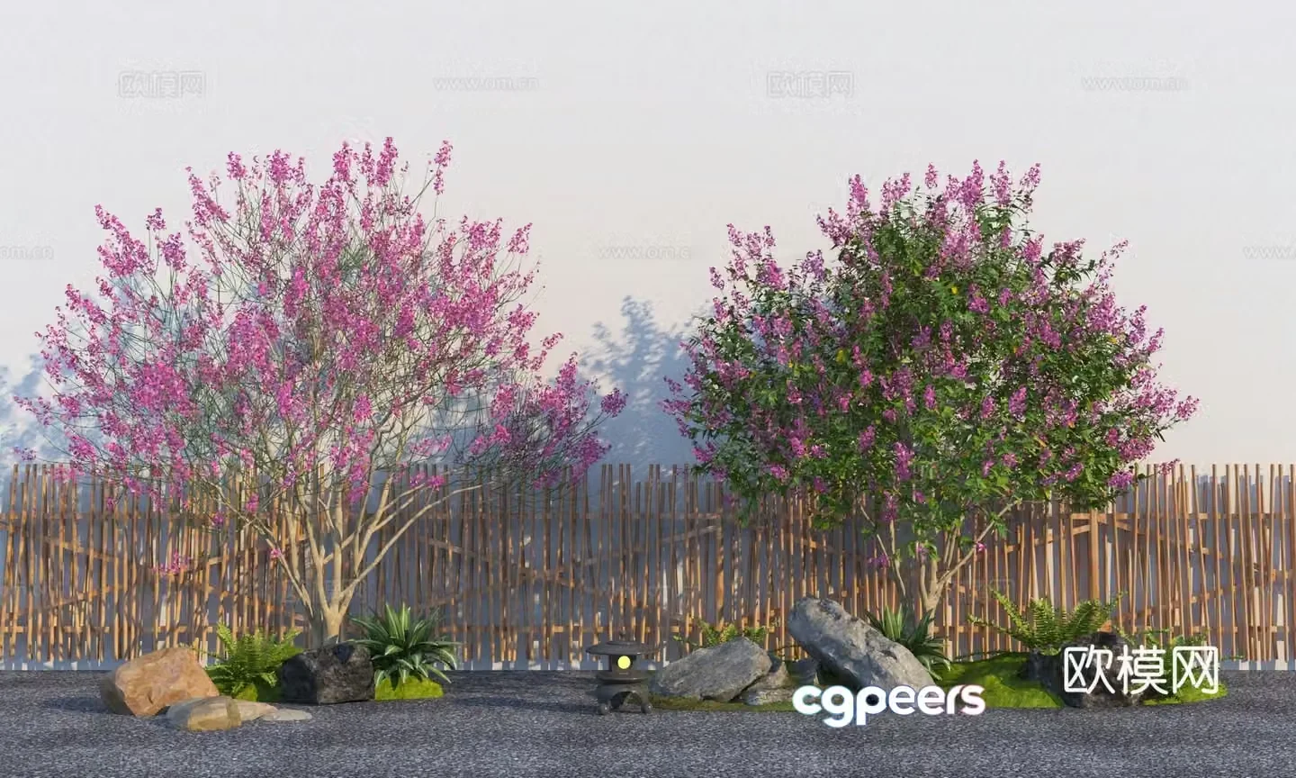 Modern plant flower border crape myrtle peach tree cherry blossom tree 3d model