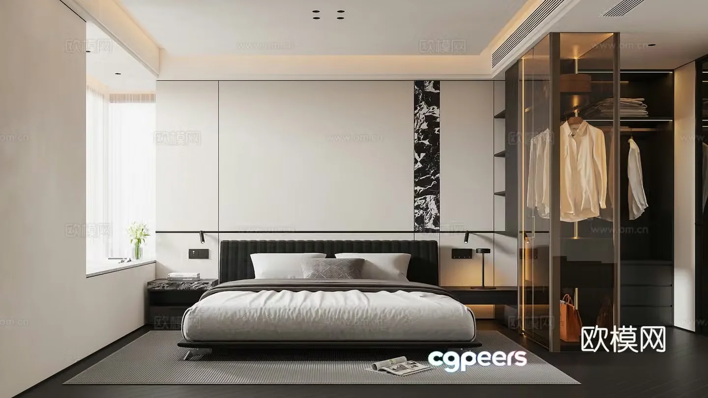 Modern black white and gray bedroom 3d model