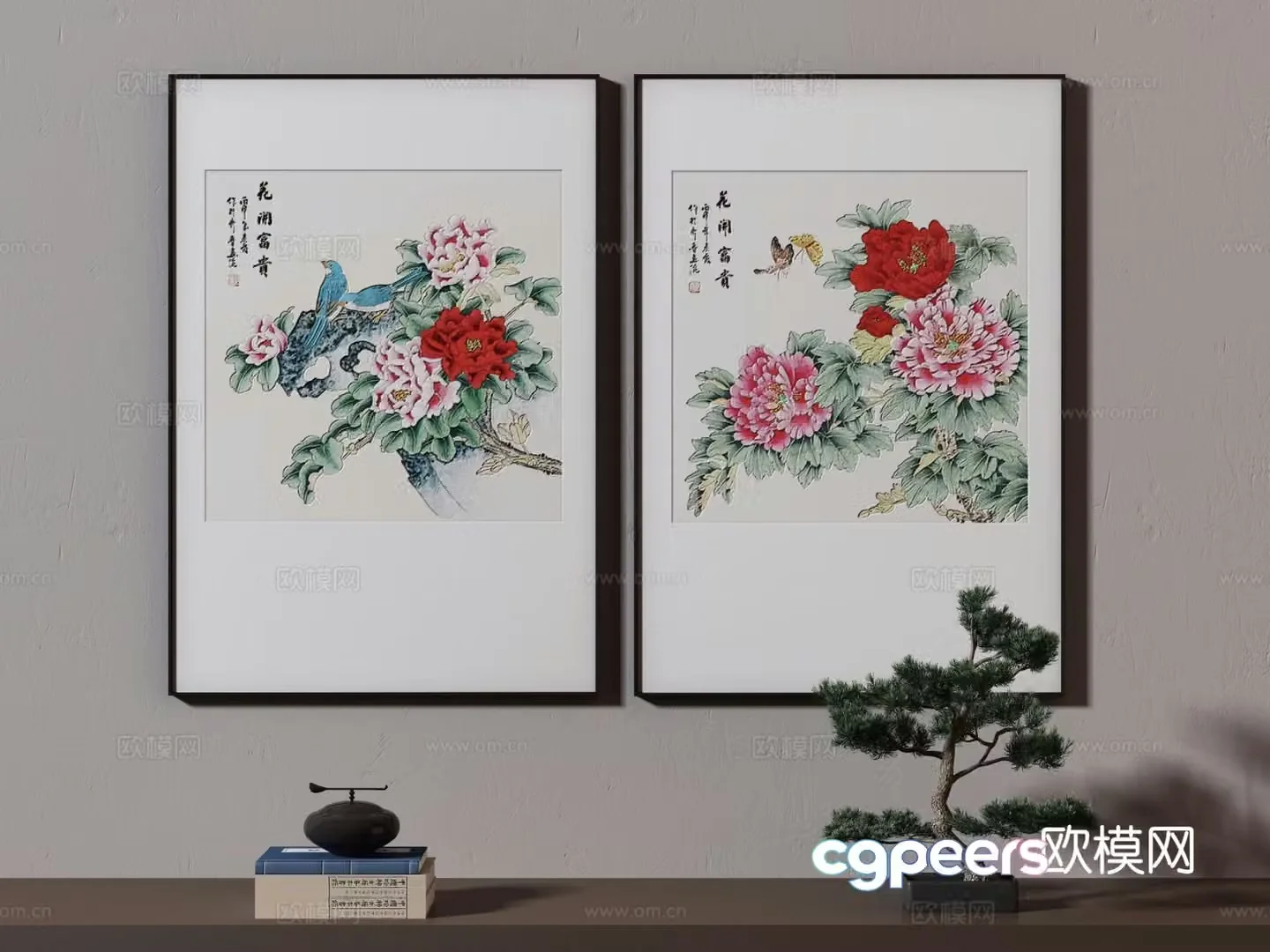 New Chinese style decorative painting peony hanging painting 3D model