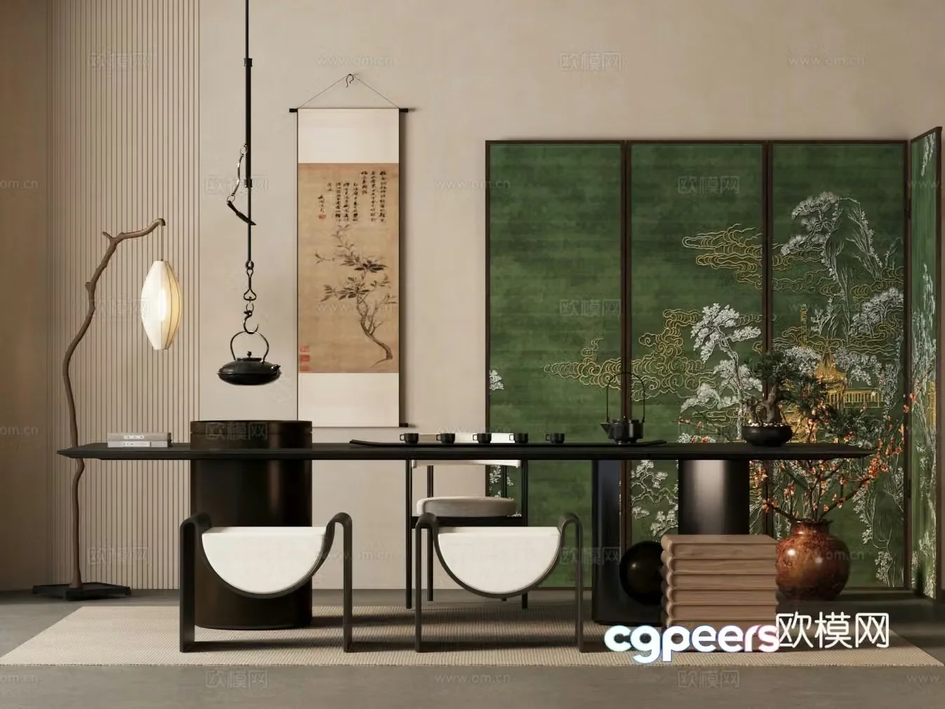 New Chinese-style tea room tea table and chair combination club tea room folding screen home tea room 3D model