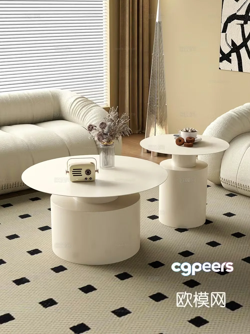 Creamy living room letter coffee table sofa coffee table combination decoration 3d model