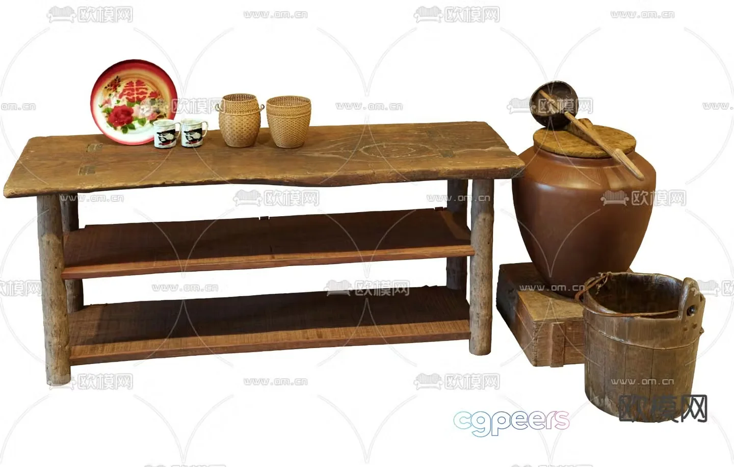 Folk utensils water jar bucket ladle case 3D model